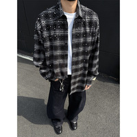 Kemeja Flanel Pria Lengan Panjang Motif Kotak-kotak Berhias Berlian Imitasi, Ukuran Besar, Kancing Depan, Gaya Streetwear, Pabrik, OEM ODM, MOQ Rendah, Grosir