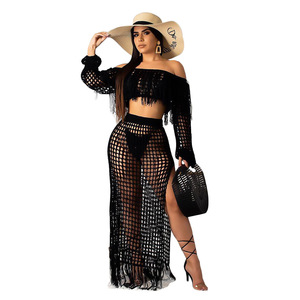 Ensemble 2 pièces décontracté et sexy pour femmes grandes tailles, haut épaules dénudées et robe longue jusqu'aux chevilles, cache-maillot de bain, tenue de plage - Product Image 4
