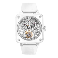 Montre mécanique automatique squelette avec boîtier transparent carré en cristal, lunette sertie de diamants, bracelet en silicone blanc, montre-bracelet tendance pour homme