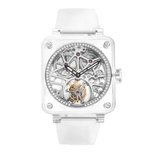 Square Transparent Crystal Case <strong>Skeleton</strong> <strong>Automatic</strong> Mechanical <strong>Watch</strong> Diamond Bezel White Silicone Strap Fashion <strong>Men</strong> Wrist <strong>Watch</strong> - Product Image 2