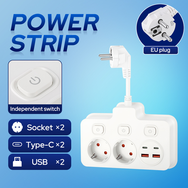EU Standard Wall Socket Extender with Independent Switches, 2 AC Outlets + 2 USB-A + 2 Type-C Charging Ports, CE Certified
