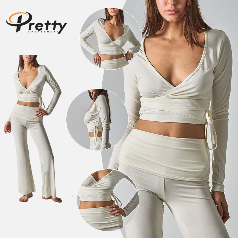 2026 Women's Yoga Wear Modal Tie-Up Long Cardigan Cross Deep V-Neck Slim Fit Knitted T-Shirt Casual Yoga Long Sleeve