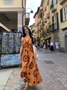 <span class=keywords><strong>Robe</strong></span> midi bohème à imprimé floral orange - <span class=keywords><strong>Robe</strong></span> longue sans manches à bretelles spaghetti et col en V pour le style urbain estival et les vacances - Product Image 5