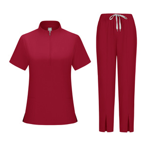 Women's Red Scrub Set With Zipper Top And Straight Leg Pants Moisture Wicking Hospital Uniform Split Set - Product Image 1