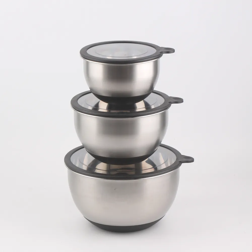 Non Slip Stainless Steel Mixing Bowl Sets in Three Sizes with Transparent Plastic Lids and Silicone Bottom
