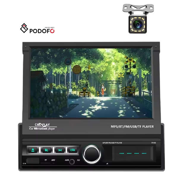 Podofo 1 Din 7" Car Radio Autoradio MP5 Video Player with Motorized Touch Screen AUX-IN FM/USB + 12 LED Rear Camera