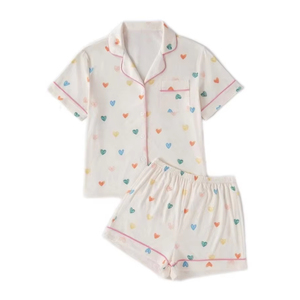 Camicia Casual <span class=keywords><strong>da</strong></span> donna estiva comoda <span class=keywords><strong>con</strong></span> <span class=keywords><strong>bottoni</strong></span> elasticizzati pantaloncini <span class=keywords><strong>da</strong></span> salotto <span class=keywords><strong>con</strong></span> stampa a cuore pigiama ODM lavorato a maglia - Product Image 1