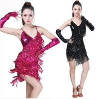 Concours de danse latine dos nu sexy Robe suspendue à paillettes en PU avec manchette pour adulte
