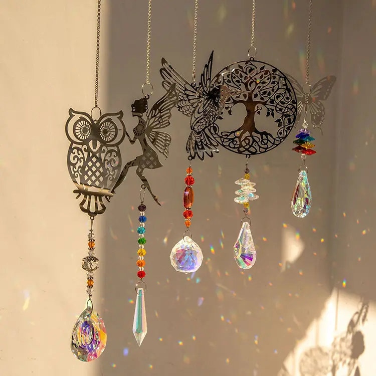 Crystal Sun catcher window hanging decoration indoor prism rainbow decoration owl hummingbird pendant