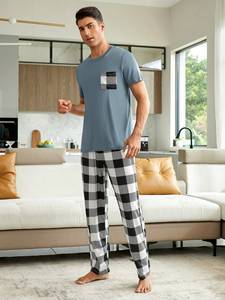 2024 Neues Pyjama-<span class=keywords><strong>Set</strong></span> für Männer Blue Plaid Kurzarm-<span class=keywords><strong>Set</strong></span> Komfortable Sommerschlaf-Kleidung Farbkontrast Home Wear - Product Image 5