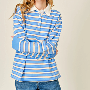 Custom Preppy Loose Casual <strong>Shirt</strong> Long Sleeve Soft Cotton <strong>Polo</strong> <strong>Shirt</strong> <strong>Women</strong> Striped Oversized Drop Shoulder <strong>Polo</strong> Sweatshirt - Product Image 1