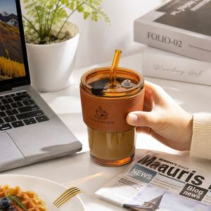 Custom Logo 400ml Glass Coffee <b>Cup</b> with PU Leather Sleeve <b>Reusable</b> Drinking Tumbler with Straw and Lid for Promotional Gifts - Product Image 2
