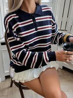 Pull en maille rayé à col polo pour femme, manches longues, patte de boutonnage, décontracté, personnalisable OEM ODM, vente en gros, fabricant d'usine