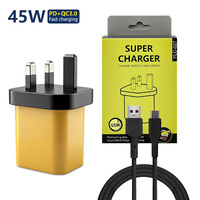 Adaptor Charger Dinding Listrik Grosir 45W PD QC3.0 OTP Colokan UK Pengisian Cepat Port Tipe-C & USB Kabel 1m Pengisi Daya Laptop Cepat