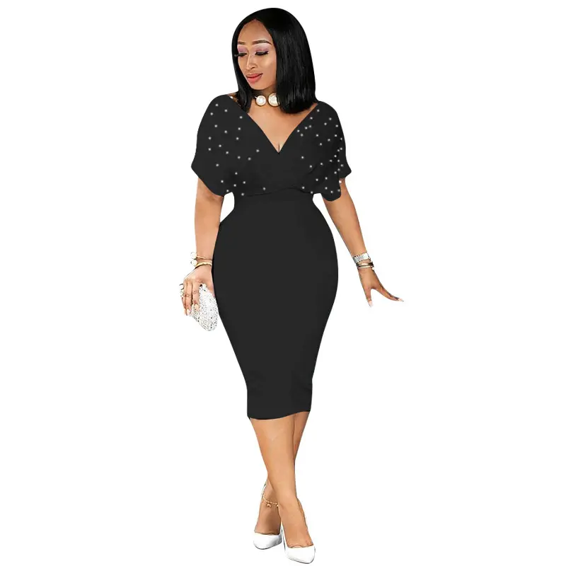 Sommer schlanke Kleider Frauen V-Ausschnitt mit Perle Classy Lady Work Office Wear Bodycon Plus Size 3XL Elegante Modest Femme Kleidung