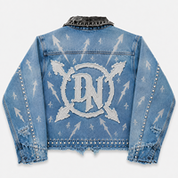 Veste en jean DiZNEW personnalisée pour homme, style streetwear, avec patch en chenille, imprimé graphique flèche intégrale, cloutée, style camionneur, usine BSCI