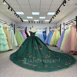 ชุดเดรสเปิดไหล่ลายดอกไม้สำหรับ6842ชุดเดรสออกงานกลางคืนสีเขียวเข้มประดับลูกไม้ - Product Image 3