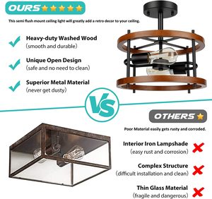 Retro Semi Flush Mount <strong>Ceiling</strong> Light Fixture, <strong>Rustic</strong> Vintage Wood <strong>Ceiling</strong> Light Black Metal, Industrial Farmhouse <strong>Ceiling</strong> <strong>Lamp</strong> - Product Image 2