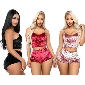 Di modo di Nuovo Sexy Delle Donne del <span class=keywords><strong>Velluto</strong></span> Pajamas Set Signore Del Merletto Scollo A V Crop Top Pantaloncini 2Pcs Degli Indumenti Da Notte Della Biancheria da notte - Product Image 2