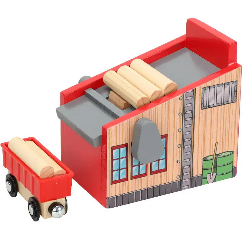 Educational Wooden Train Track Set with Lumber Yard Scene and Rail Car Platform for Fun Table Game