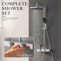 Ensemble de douche carré mural 3 fonctions avec douchette à main, mitigeur et étagère, finition chromée