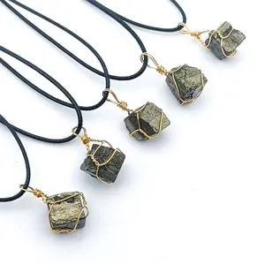 Hot natural gemstone pendant pyrite charms gold wire wrapped crystal cube pendants quartz pendant for necklace