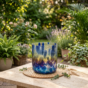 Portavelas de Vidrio Hecho a Mano en Azul y Amarillo, Portavelas Redondo Resistente al Calor, Decoración para el Hogar, Navidad - Product Image 2