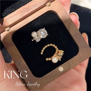 King Silver Jewelry <b>Cuff</b> <b>Earrings</b> S925 Sterling Silver Gold Plated Pearl Diamond Party Fashion - Product Image 2