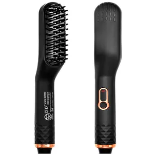 Portable Mini Hair Straightener Brush Black Men Fluffy Hair Plastic Electric Heated Curling Beard Straightener Brush