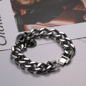 Skull Bracelet Cuban <b>Chain</b> Silver <b>Titanium</b> Steel Men Punk Retro Style CE629 - Product Image 2