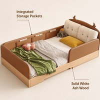 Lit enfant moderne multifonctionnel en cuir souple avec poches de rangement latérales intégrées, cadre en bois massif, écologique et durable