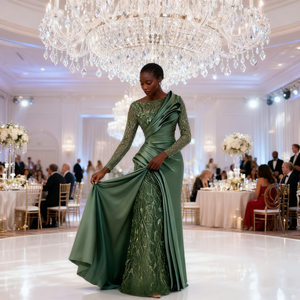 <span class=keywords><strong>Abito</strong></span> da Cerimonia di Lusso <span class=keywords><strong>in</strong></span> <span class=keywords><strong>Raso</strong></span> <span class=keywords><strong>con</strong></span> Perline, Maniche Lunghe e Strascico per Donna, Ideale per Balli e Matrimoni - Product Image 4