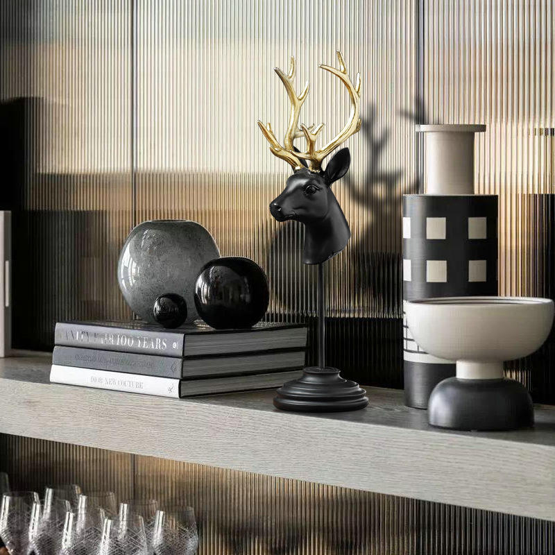 中国製黒鹿の頭卓上装飾品本棚枝角装飾ピース樹脂手工芸品創造的な家の