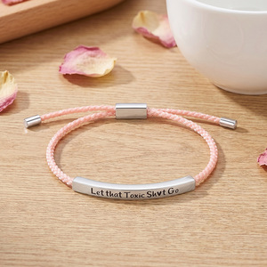 Minimalist Stainless Steel Engraved Bracelet Adjustable <b>Braided</b> <b>Pink</b> Gift Jewelry - Product Image 1