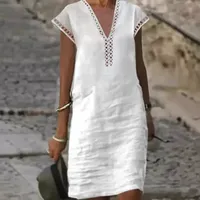 Robe en polyester taille haute, col en V uni, manches courtes, style streetwear décontracté, disponible en plusieurs tailles