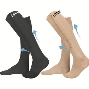 Calcetines de compresión hasta la rodilla con diseño de cremallera, color marrón, etiquetas personalizables, para venas <span class=keywords><strong>varicosas</strong></span>, úlceras, pacientes hospitalarios - Product Image 1