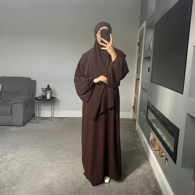Custom Dark Brown Textured Crepe Prayer Set Long Khimar with Pockets Abaya Modest Muslim Dress Women Islamic Clothing Wholesale