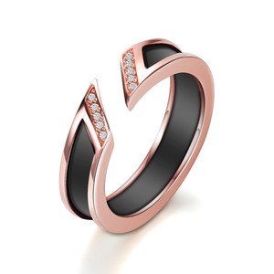 Ceramic <b>Ring</b> 5mm <b>Open</b> Round Asymmetrical Single Row Diamonds Geometric Design Unisex Jewelry Gift White Black Gold - Product Image 5
