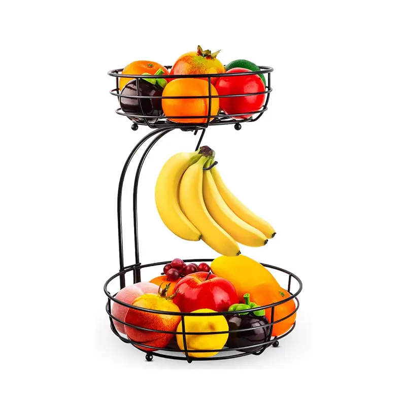 Kitchen fruit storage metal wire 2 tier fruit basket with banana hanger