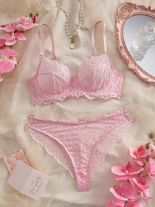 Pink Floral Lace Womens Intimates <b>Sexy</b> Lingerie <b>Set</b> Sheer Mesh Underwire Bra and Thong <b>Set</b> Elegant Womens Underwear <b>Set</b> - Product Image 1