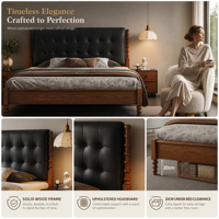 Lit double vintage en bois massif de frêne avec tête de lit capitonnée en cuir et pieds à tiges – Meubles de chambre en gros