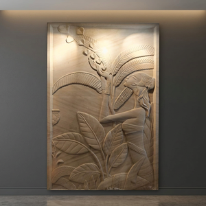 Arte mural de tallado en piedra tropical: Danza entre las palmeras, escultura decorativa en relieve - Product Image 4