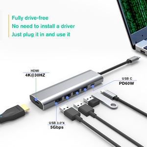 <span class=keywords><strong>Adaptador</strong></span> USB-C Portátil Multipuerto al por Mayor, Tipo-C <span class=keywords><strong>a</strong></span> <span class=keywords><strong>HDMI</strong></span> 4K 30Hz, PD 60W, 5Gbps USB 3.0*4, Estación <span class=keywords><strong>de</strong></span> Acoplamiento 6 en 1, Hub USB Tipo C - Product Image 2