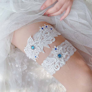 2 Pièces Jarretières de Mariage Personnalisées pour la Mariée, Jarretière en Dentelle avec Strass Bleus pour Fête de Mariage - Product Image 2