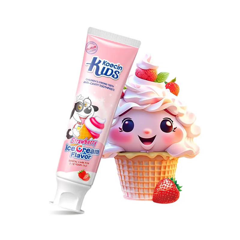Logo kustom 70g pasta gigi buah stroberi rasa es krim pasta gigi segar nafas fluorida pasta gigi pemutih untuk anak-anak