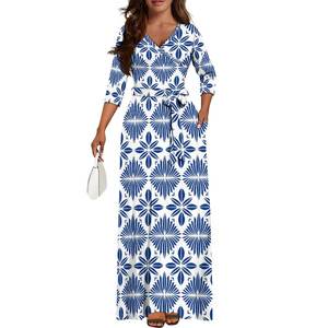 OEM özelleştirilmiş Samoan polinezya kabile baskı tasarım V boyun yan cep kravat-up büyük boy elbise kadınlar balo akşam giyim - Product Image 4