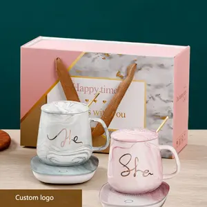 2022 Smart marble couple gift thermostatic 55 Degree keeping ceramic coffee mugs set warmer ceramic milk cups with coaster