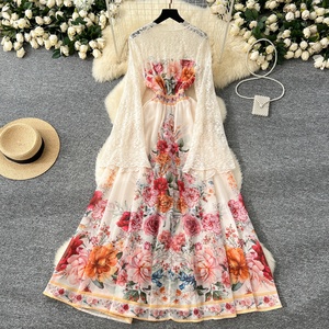 Váy dài in họa tiết cổ sâu tay phồng eo phối nút nữ thời trang mùa xuân - Product Image 3