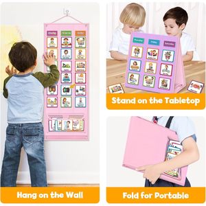 Tablero de horarios visual para niños, tabla de rutina diaria con tarjetas magnéticas y almacenamiento en bolsillo, herramienta de gestión del tiempo tamaño A4 rosa - Product Image 4