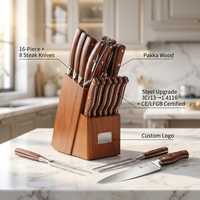 Ensemble de couteaux de cuisine GOODA 16 pièces, acier inoxydable 3Cr13, couteaux à steak, manche en bois Pakka, couteau de chef, Santoku, couteau à pain, certifié CE/LFGB